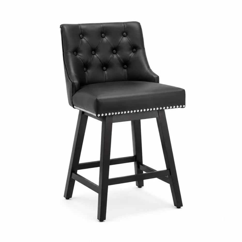 Barhocker Schwarz Leder mit Rückenlehne und Holzbeinen