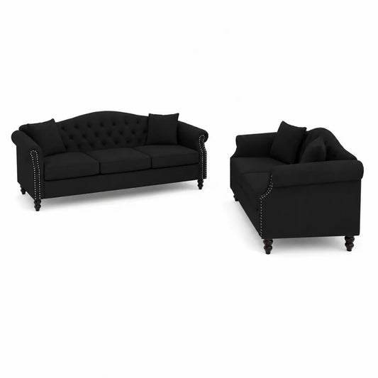 3-Sitzer und 2-Sitzer Sofa-Set Schwarz Stoff Holzbeine