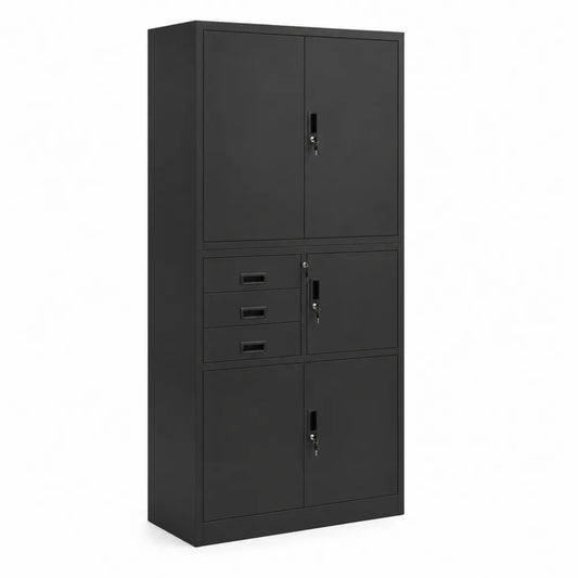 Schwarz Stahl Schrank mit 3 Schubladen und 4 Türen