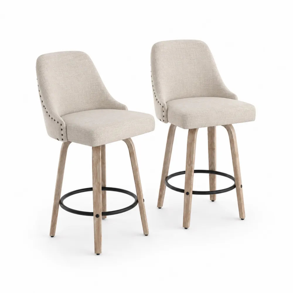 2er Set Barhocker Beige Stoff Drehbar Holz Metall