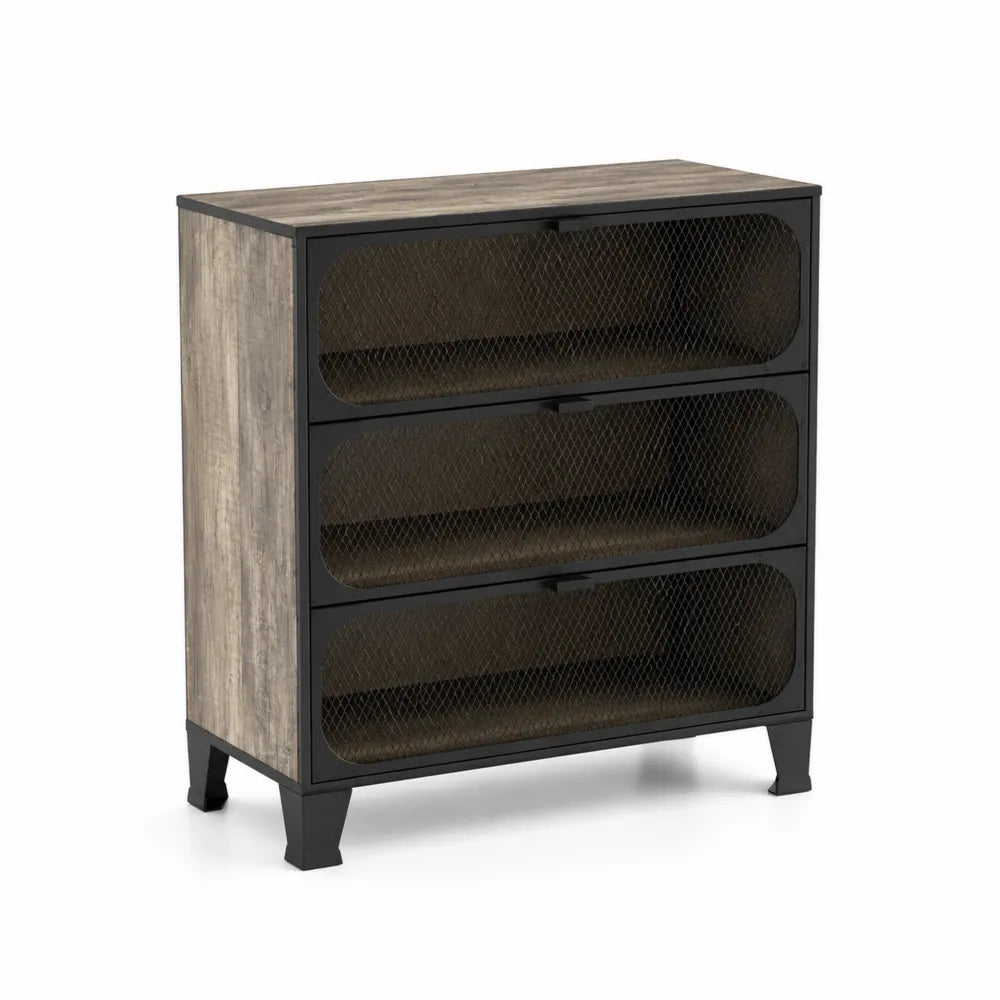 Metallschrank mit 3 Gittertüren und Holzoptik