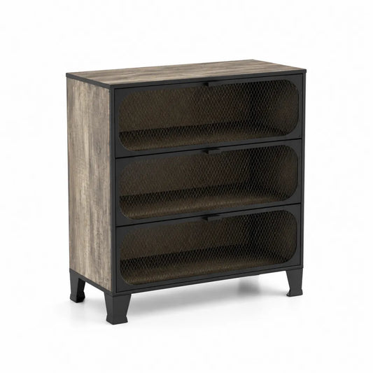Metallschrank mit 3 Gittertüren und Holzoptik
