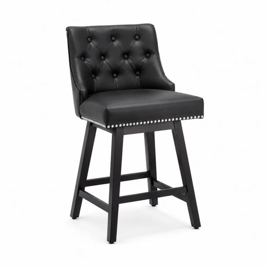 Barhocker Schwarz Leder mit Rückenlehne und Holzbeinen