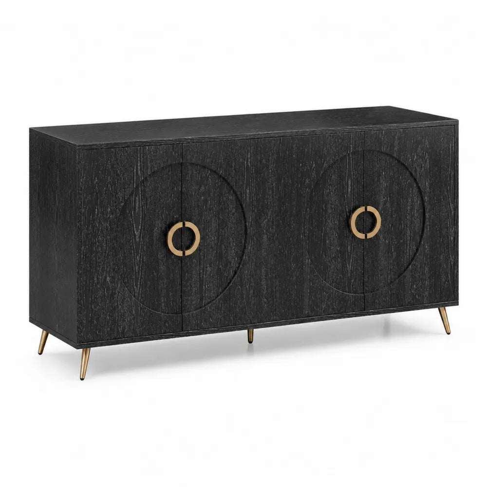 Schwarzes MDF Sideboard mit Eichenfurnier und Metallbeinen, 160x40x80 cm